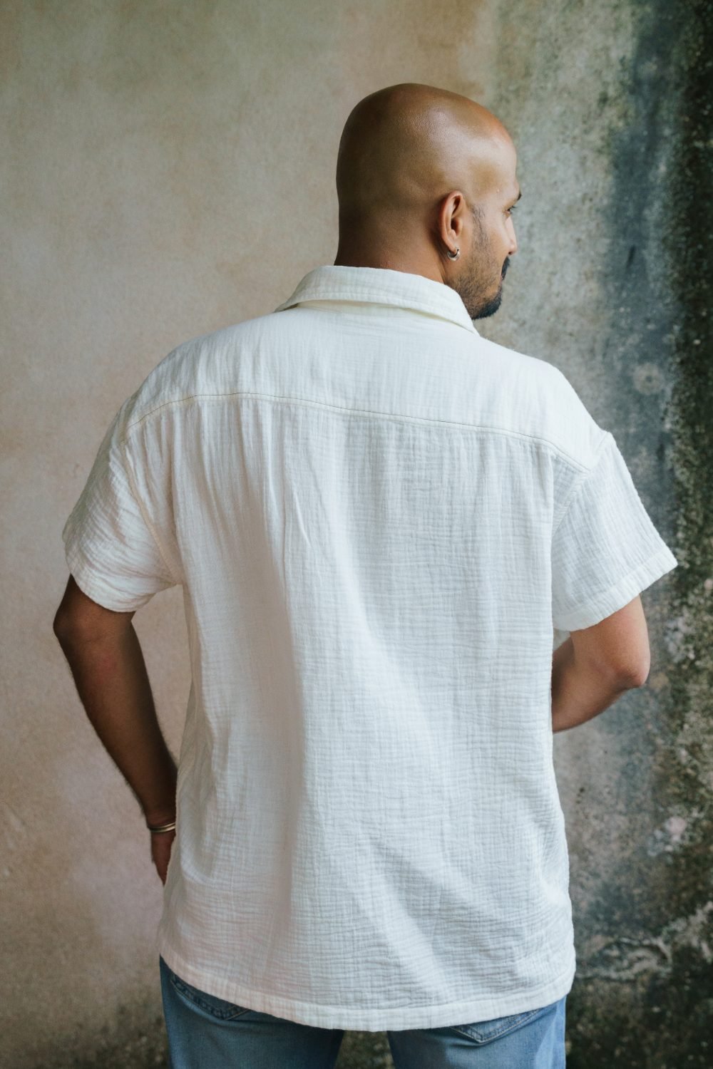Back view of short-sleeved white shirt