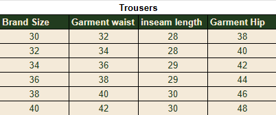 Size chart for Pine Linen Trousers