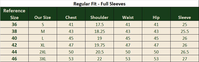 Terrene Shirt size chart