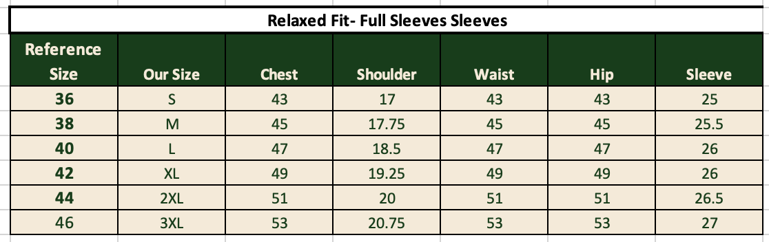 Dune Hemp Shirt size chart