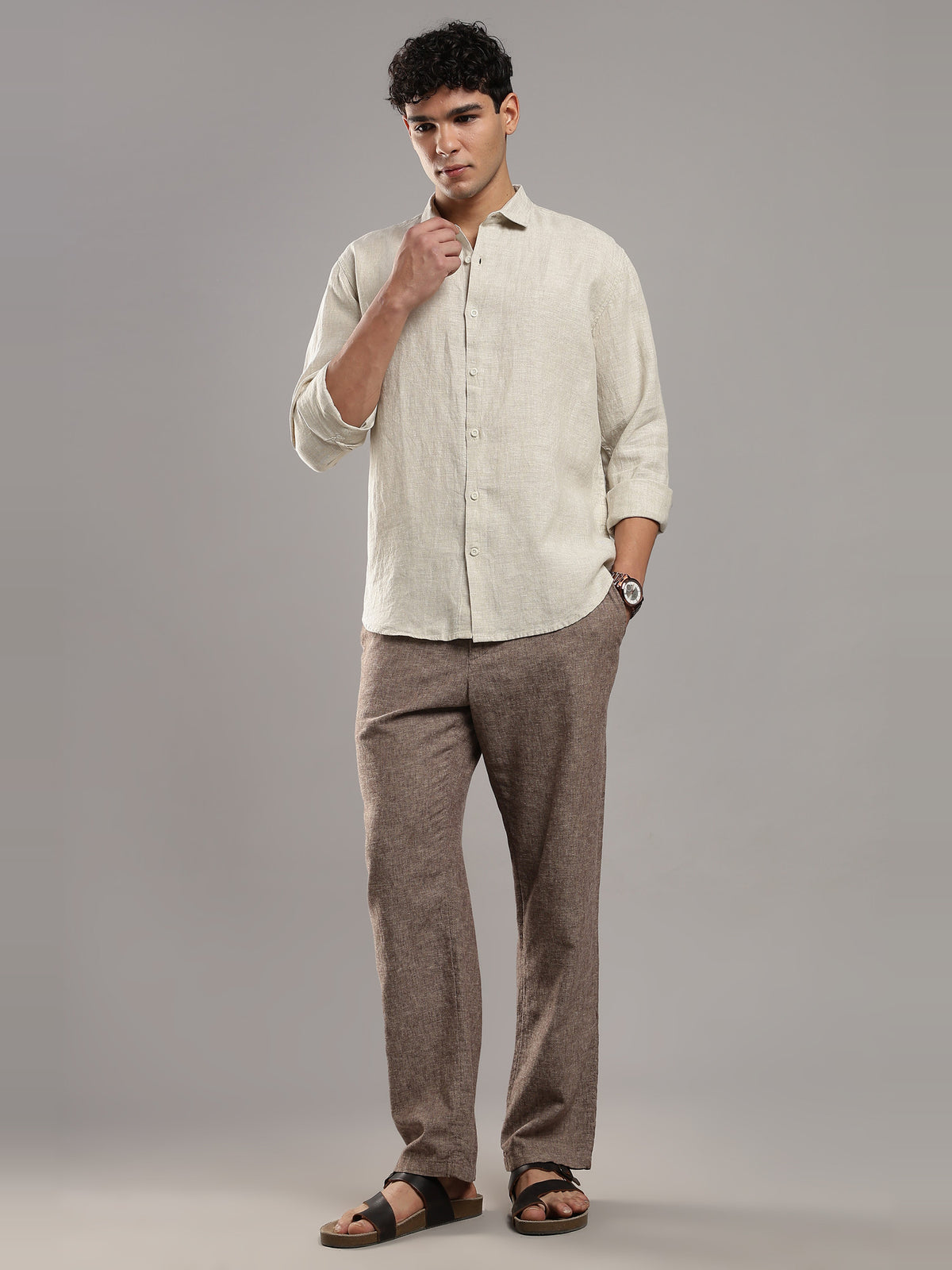 Oatmeal Linen Shirt – full-length view